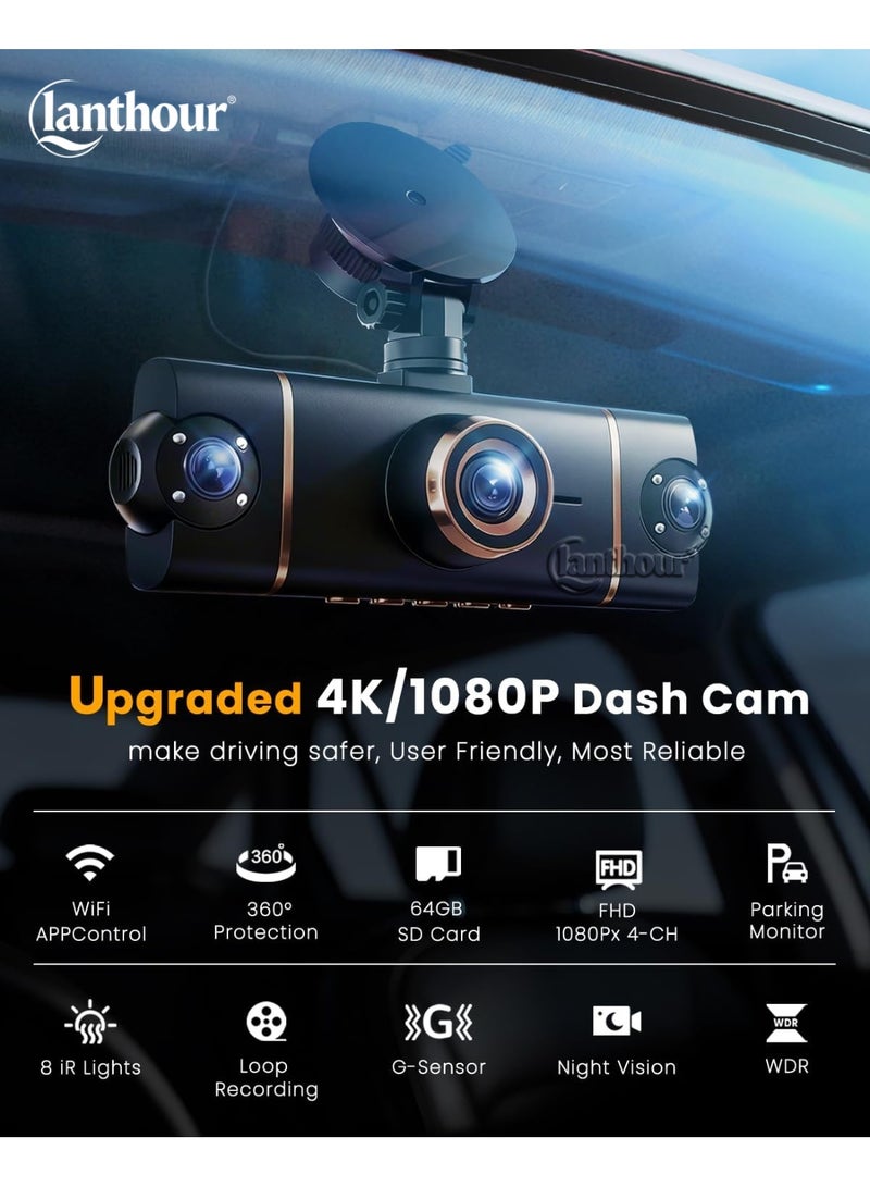 لانثور كاميرا داش 4K + 3×1080P، أربعة قنوات (أمامية، خلفية، يسار، يمين) | واي فاي 5GHz + GPS + تحكم عبر تطبيق الهاتف المحمول، مراقبة موقف السيارات على مدار 24 ساعة، رؤية ليلية بالأشعة تحت الحمراء، تشمل بطاقة SD بسعة 64 جيجابايت - Image 2